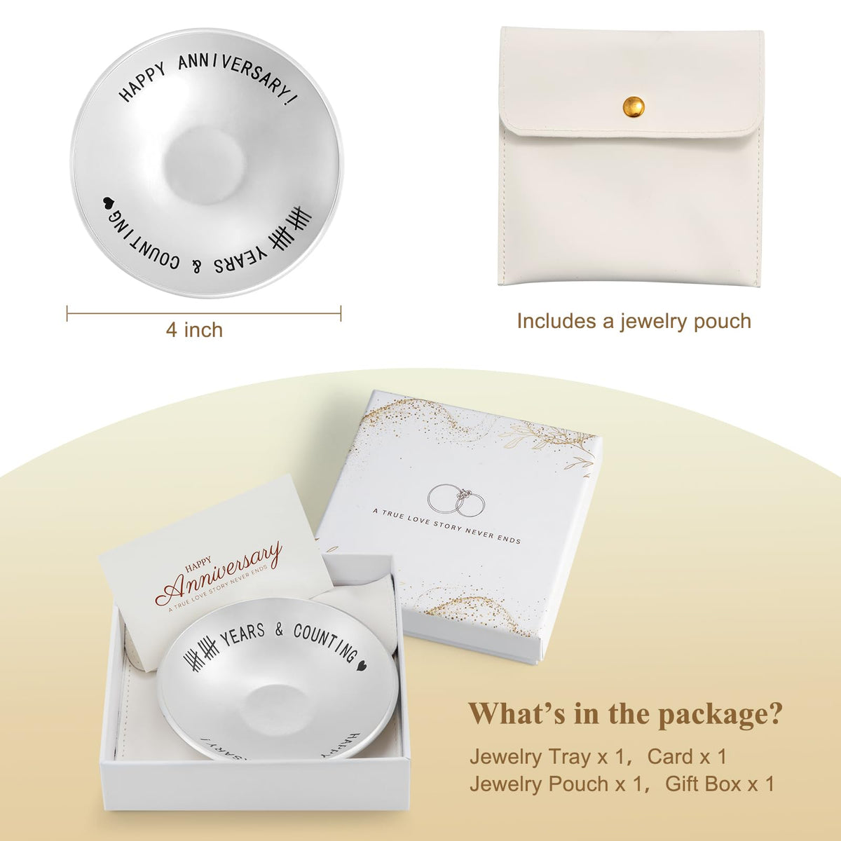 Urllinz 10 Year Anniversary Tin Gifts for Him - 10th Wedding Anniversary Jewelry Tray for Wife Couple Husband Her, Sliver Ring Holder Dish & Card & Gift Box, 4"