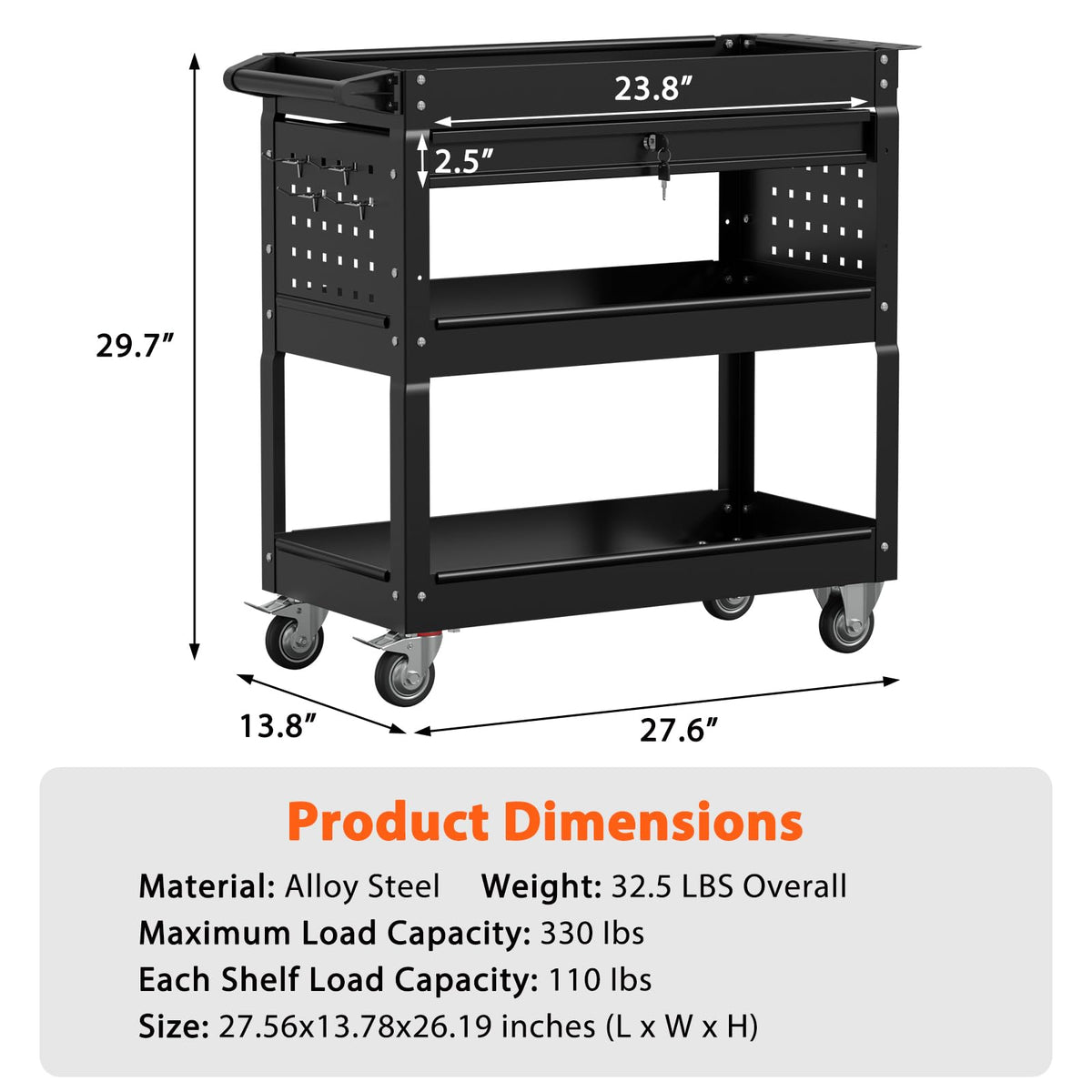 Granper 3 Tier Heavy Duty Rolling Tool Cart with Drawers, Large Storage Utility Cart on Wheels for Garage, Warehouse, Repair Shop (Black)