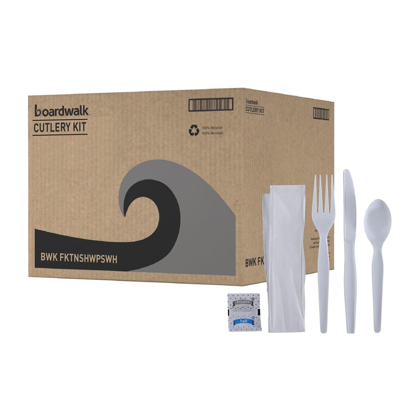 Boardwalk Six-Piece Cutlery Kit, Condiment/Fork/Knife/Napkin/Spoon, Heavyweight, White, 250/Carton