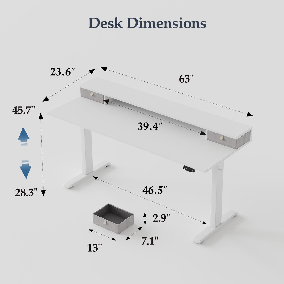 Klicelor 63 x24 Inch Electric Standing Desk with Drawers, Adjustable Height Small Sit Stand Desk for Home Office, Compact Computer Workstation with Storage– White