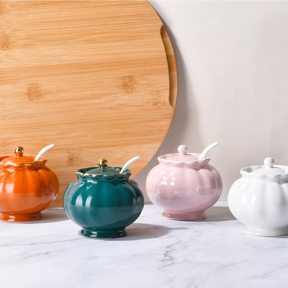 Ursword Ceramic Sugar Bowl, Salt Cellar with Lid and Spoon, 9oz Sugar Jar for Coffee Bar, Salt Box Sugar Containers for Seasoning, Spice, Sauce, Elegant Decor for Kitchen Countertop