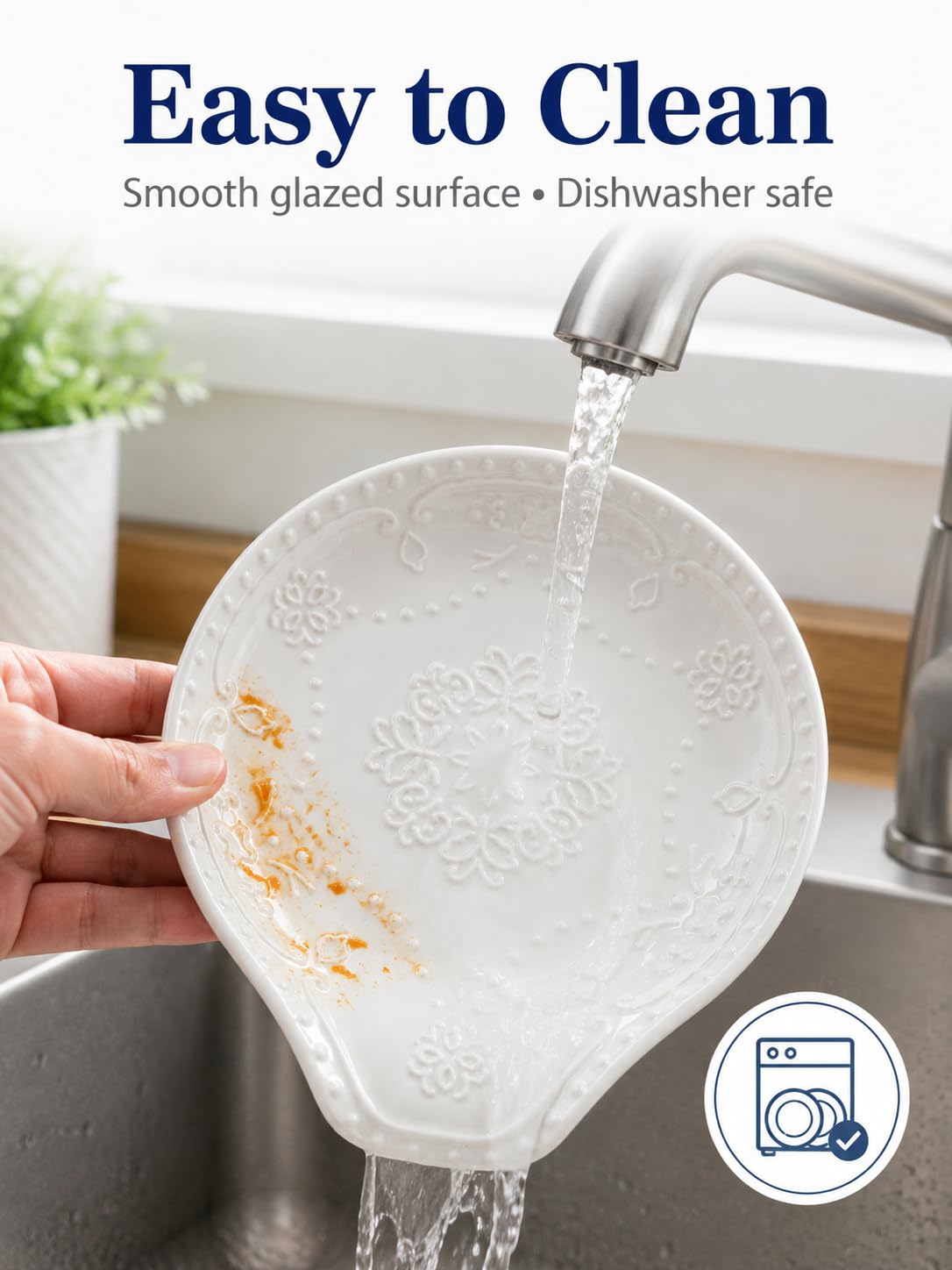 White Ceramic Spoon Rest for Kitchen Counter, 5.7" Spoon Holder for Stove Top, Floral Butterfly Embossed Cooking Utensil Rest, Dishwasher Safe Spoon Plate for Spatula, Ladle, Coffee Spoon