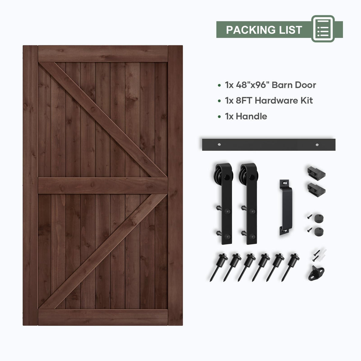 ROYMELO 48x96 inch Sliding Barn Wood Door Slab with 8ft Hardware Kit and Handle, Coffee, K Shape, Simple DIY Assembly