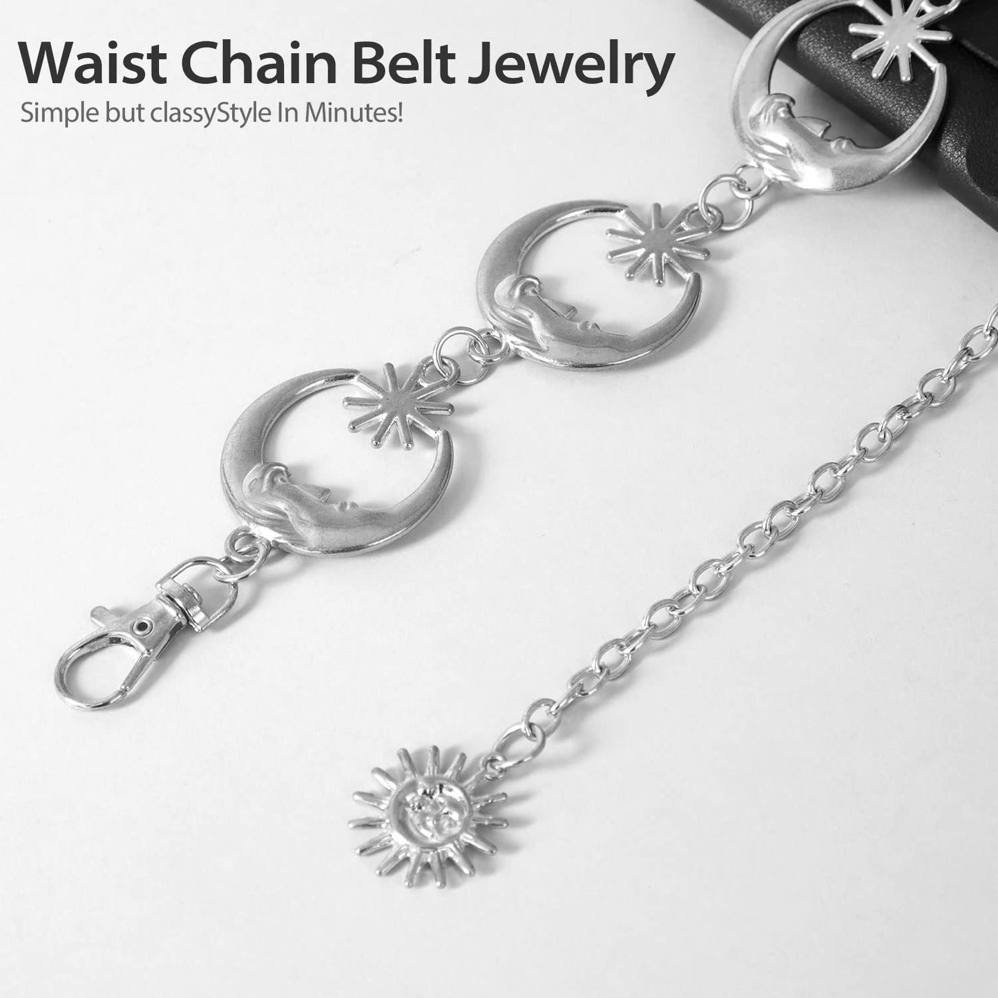 FIORETTO Chain Belt for Women Metal Belts Fashion Waist Belts for Dress Silver Moon&Star Length 47in