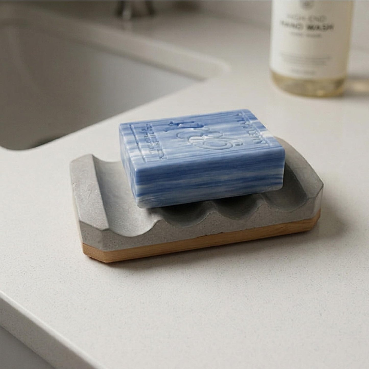 Concrete Soap Dish with Non-Slip Bamboo Base