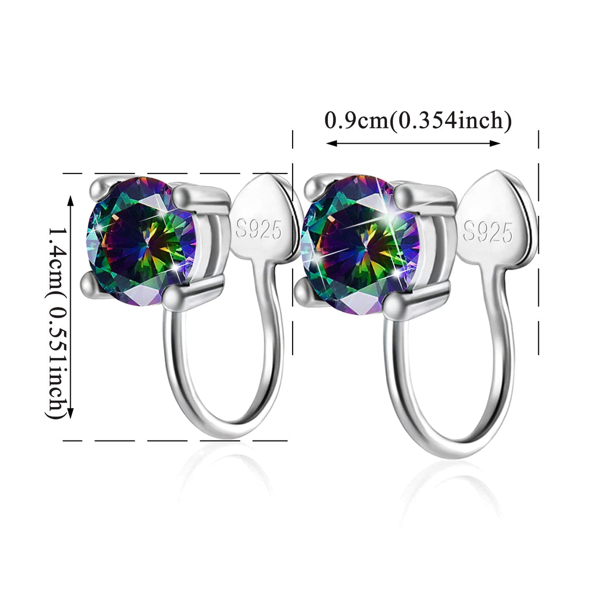 14K White Gold Plated Clip On Ear Cuffs - Rainbow Sterling Silver Round Cartilage Ear Cuffs with Cubic Zirconia Gifts for Women, Men, Teens, Boys, Girls