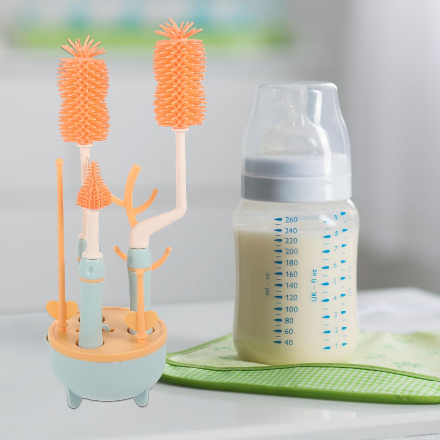 NAMOARLY Bottle Brush Set with Straw Cleaner and Pacifier Brush for Feeding, Blue Plastic Handle, Multi-Piece Household Bottle Cleaning Kit with Drying Stand for Travel and Daily Use