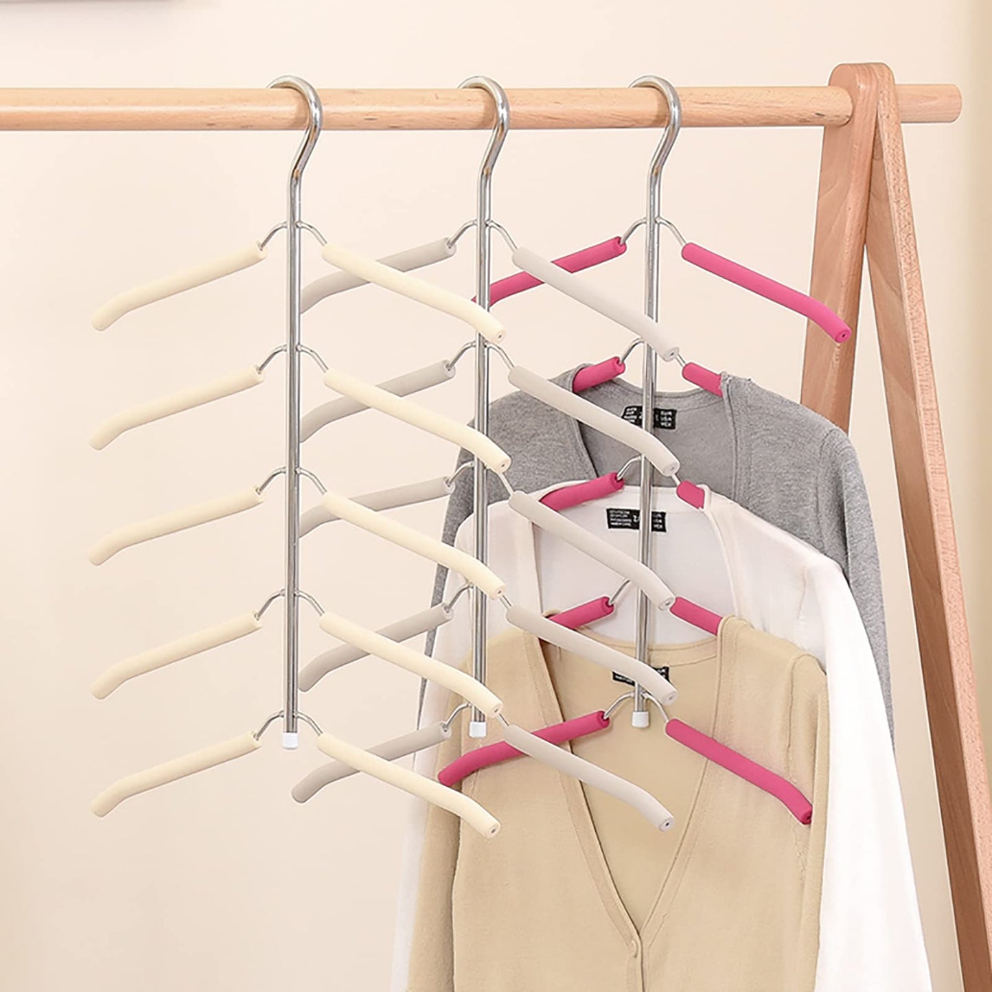 3 Pack 5 in 1 Blouse Tree Hangers Space Saving Clothes Hangers Swing Arm Non Slip Padded Coat Hanger Multi-Layer Clothes Hanger Heavy Duty Stainless Steel Sweater Shirt Hanger(Gray)