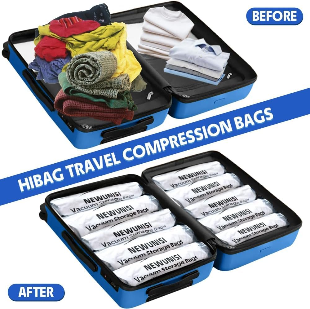 12 Pack Vacuum Storage Bags, Compression Bags for Travel, Roll Up Reusable Travel Space Saver for Luggage, Camping, and Storage (No Vacuum or Pump Needed).