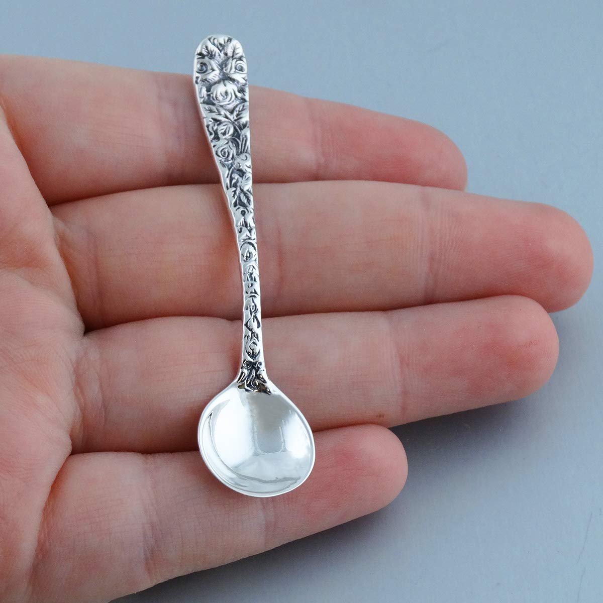 Sterling Silver 2.5" Salt Spoon or Mustard Spoon w/Floral Pattern Handle