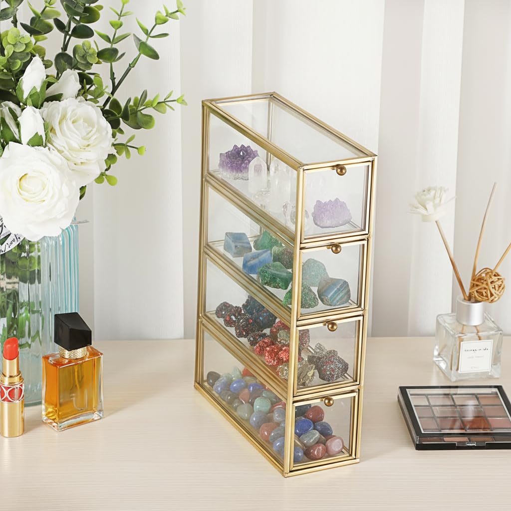 JUXYES Tabletop Brass Glass Rock Display Case with 4 Drawers - Modern Clear Rocks Collections Display Case Box - Gold Dust Proof Case Small Shelf for Collectible, Mineral Crystal, Rock, Stones