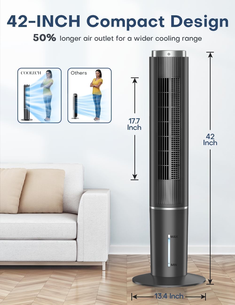 COOLECH 42 INCH Windowless Portable Air Conditioners w/4 Modes & 3 Speeds, 1-Gal Tank for 15H Cooling, 12H Timer, Swamp Cooler Air Conditioner No Window Needed, 90ยฐ Oscillating AC Unit for Bedroom