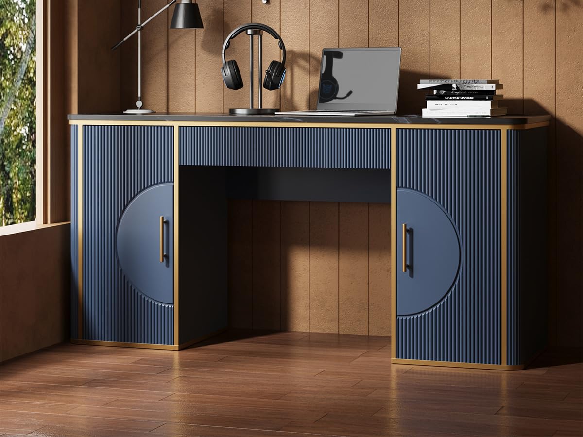 RNLRNL 60" Fluted Computer Desk, Wooden Long Home Office Writing Desk with Drawer & Storage Cabinet, Modern Writing Table with Charging Station, High Executive Desk for Office,Bedroom, Navy Blue
