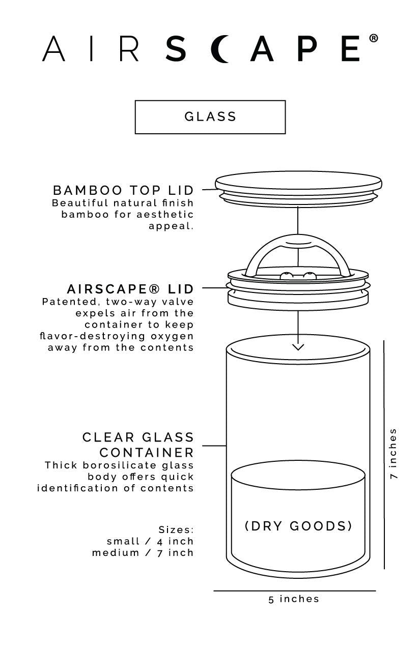 AirScape Glass Food Storage Canister - Glass Storage With US Patented Airless Inner Lid & Bamboo Top Lid - Preserves Food Freshness (Medium 7-Inch)