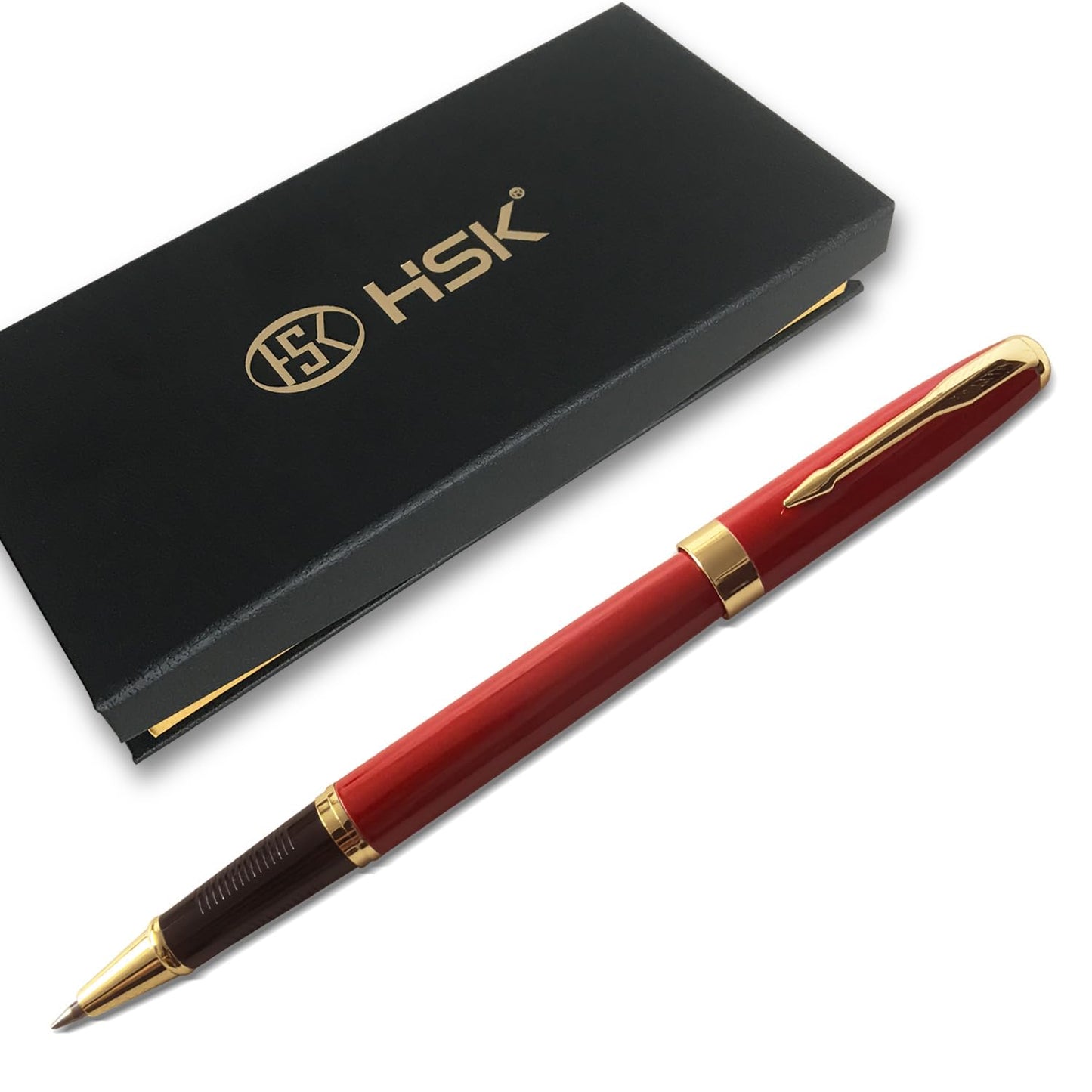 HSK Ballpoint Pens Executive Fountain Pen with Gold Trim, Gift Box Set, Available in Black, Red, Navy Blue,Black Refill Line width 0.5mm (Red)