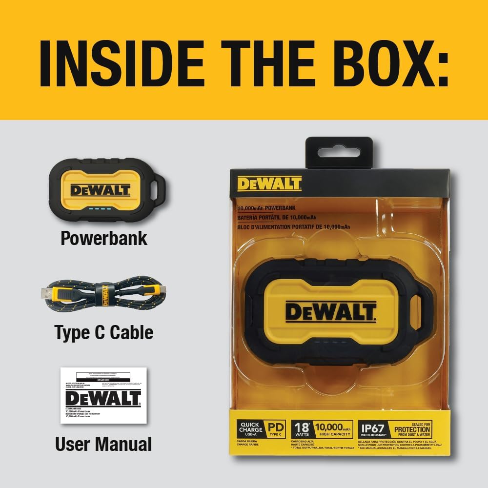DEWALT Heavy Duty Portable Charger, Power Bank, 10,000 mAh Battery Pack with USB-C Port for iPhone 16/16 Plus/16 Pro/16 Pro Max, iPhone 15/14/13, Samsung Galaxy