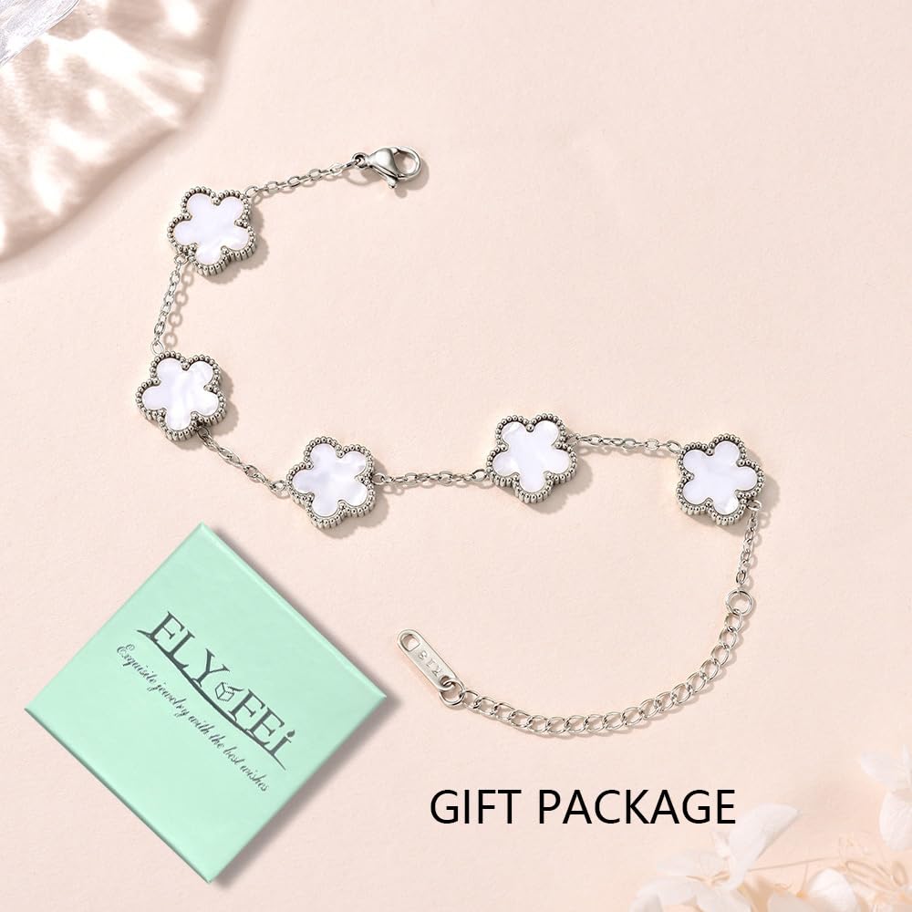 FLY FEI 18K Gold-Plated Four Leaf Clover Bracelet for Women,Adjustable lucky Bracelet Jewelry Gift-Hypoallergenic Charm for Birthdays, Wellness & Daily Wear(style02-White(silvery))