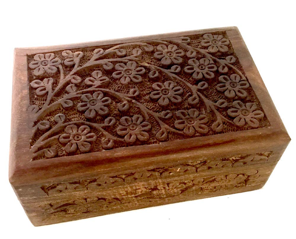 New Age Imports, Inc. GIFT IDEAS~ Floral Carved Handmade Wooden Box 4 inches by 6 inches~Ideal for storing Jewelry, Coins, Tartot cards, Small Treasures, URN Box & etc (Floral Carved 4"x6")