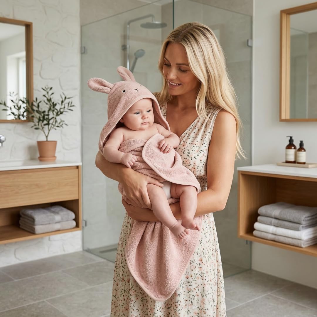 Huxie Baby Hooded Towel – Organic Cotton Baby Bath Towels – Baby Towels, Baby Bath Towels for Baby Girl, 32" x 32" Super-Soft and Absorbent Baby Towels for Newborn (Rabbit - Blush)