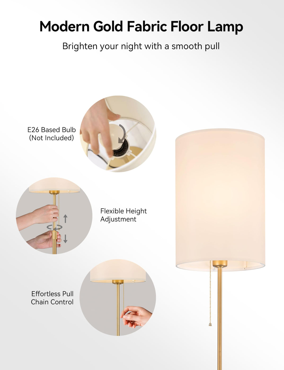 Tubicen Slim Floor Lamp Gold Fabric Tall Lamp with Pull Chain Dimmable Thin Standing Light 61" Adjustable Mid Century Modern Narrow Floor Lamp for Living Room Bedroom Office