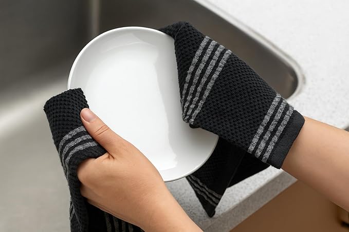 Serafina Home Black Kitchen Hand Dish Towels: Oversized 18" x 28", 100% Cotton