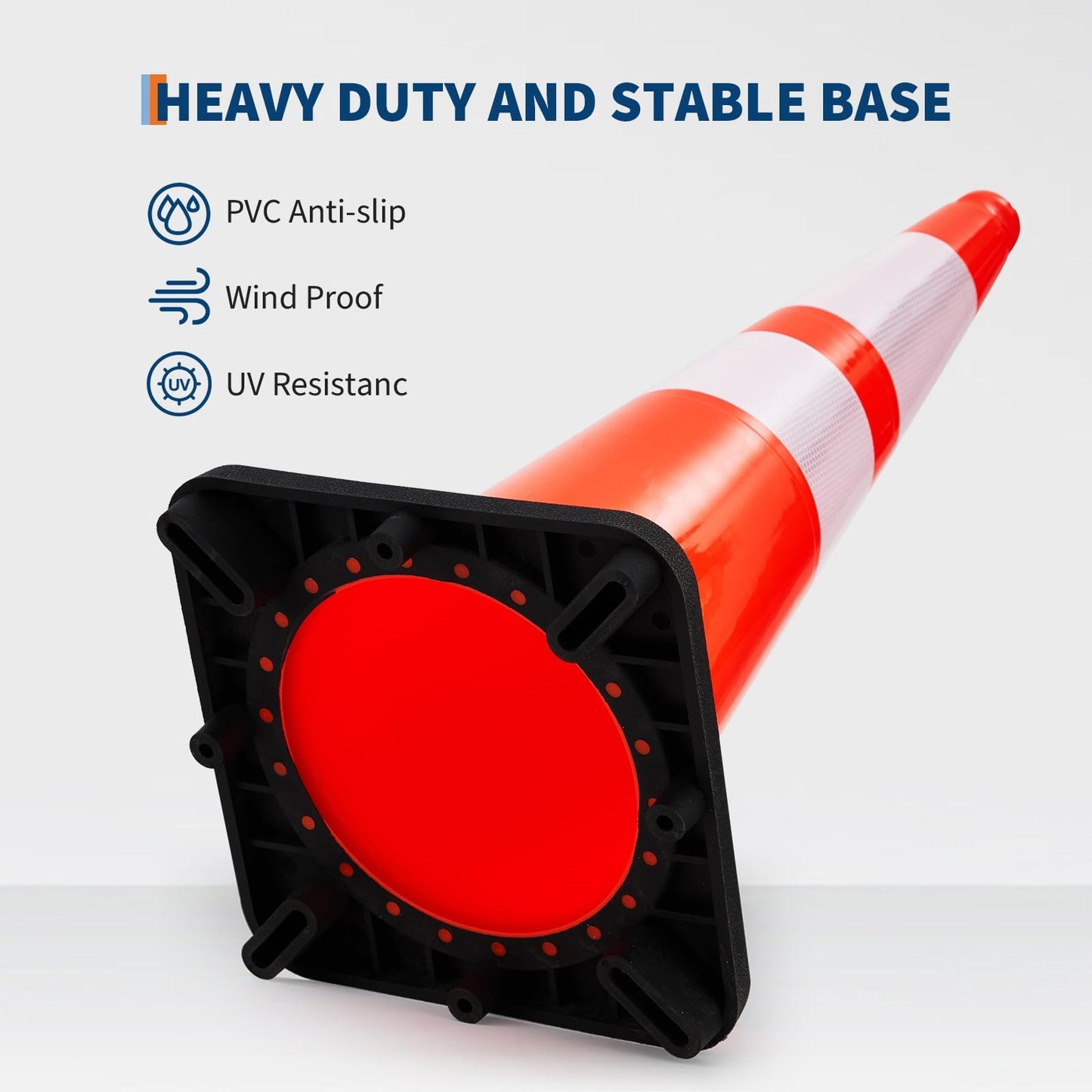 28 Inch Traffic Cones with Black Weighted Base,Orange Rubber Parking Cone w/ 2 Reflective Collar,PVC Traffic Safety Cones for Road Control, Construction Events, Driveways, and Parking Lots