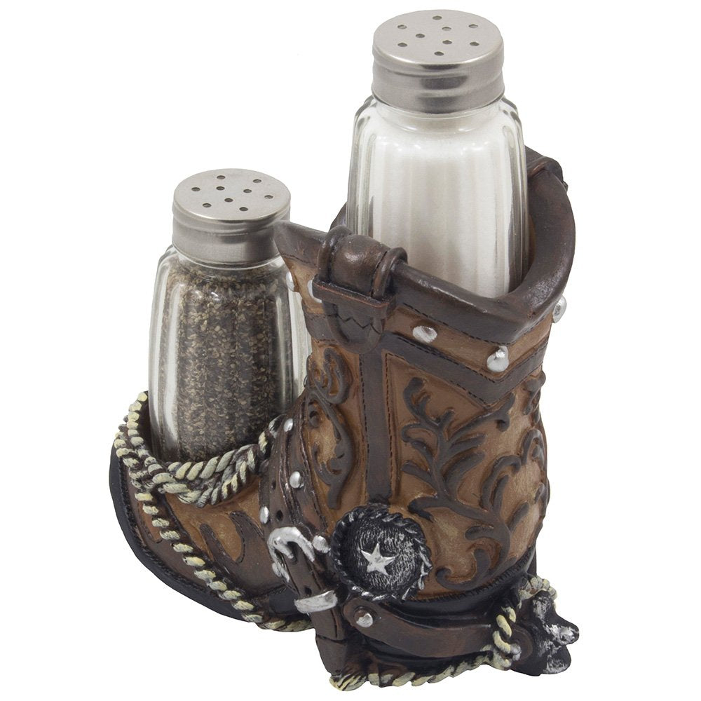 Fancy Cowboy Boot Salt and Pepper Shaker Set or Decorative Display Stand Figurine with Spur & Texas Star for Country Western Kitchen Decor and Table Centerpiece Decorations As Gifts for Cowboys