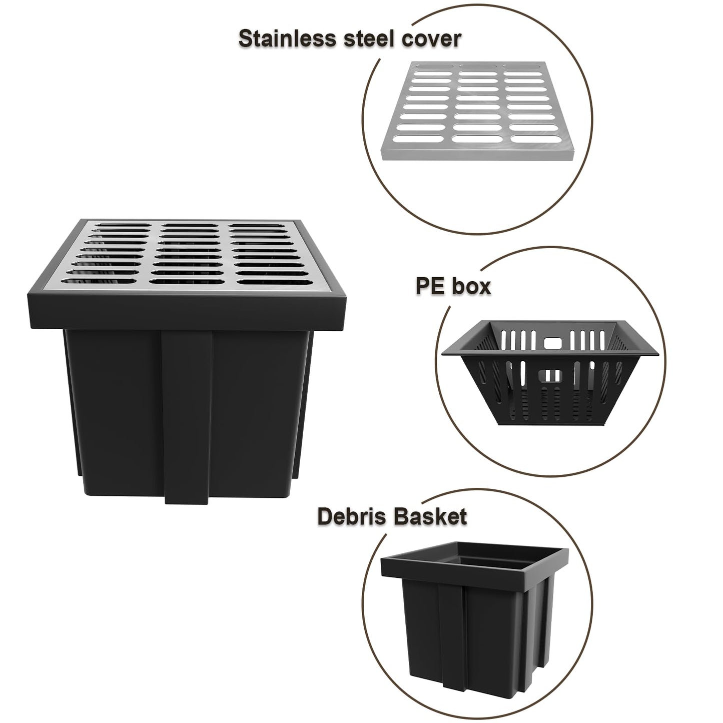 Catch Basin with 304 Stainless Steel Grate, 18x18x15 in Large Drainage Catch with Debris Basket, French Drain Basin Without Reserved Hole for Yard, Downspout, Patio, Municipal Pipeline (1)