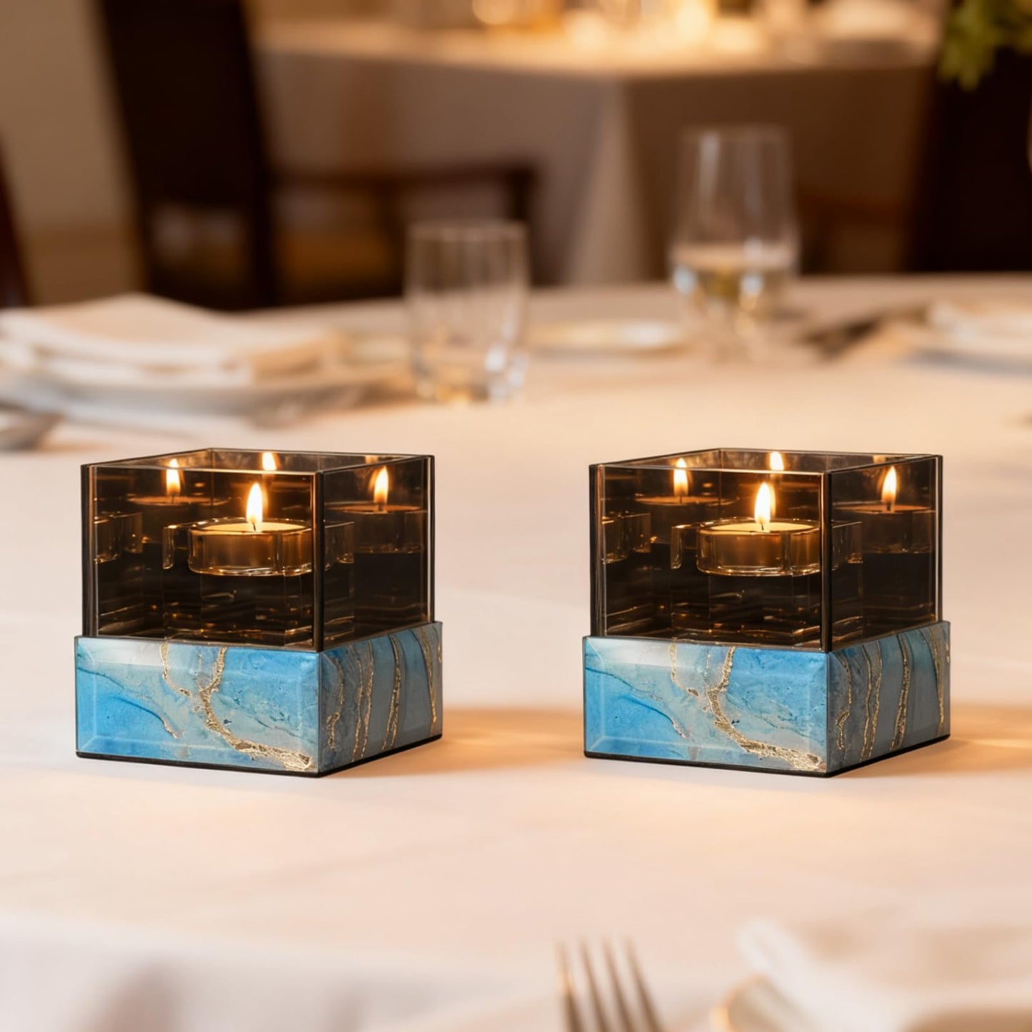 Timetrace Crystal Glass Candle Holder Suqare with Marble Pattern-Tealight and Votive Candles Holders Centerpiece Table Decorations for Home Décor, Dining Room, Kitchen, Patio (Blue)