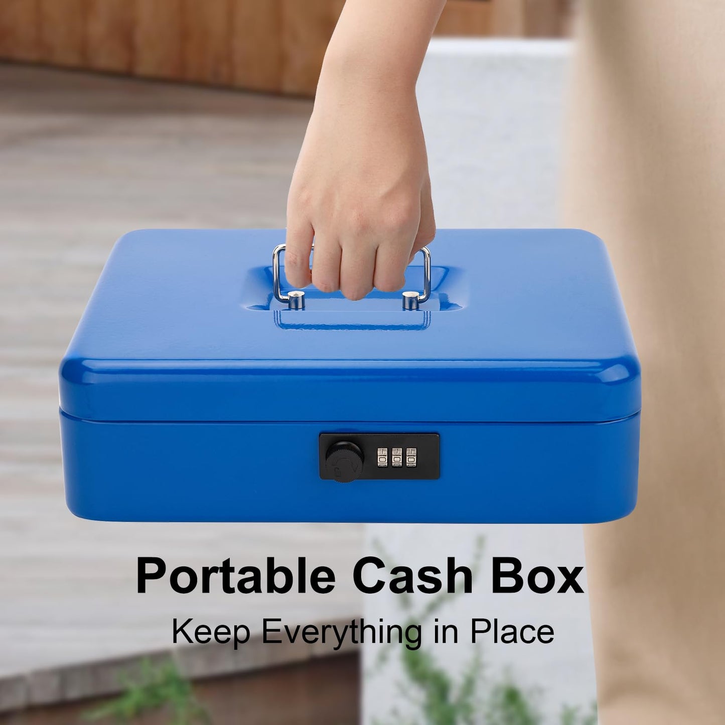 Jssmst Locking Metal Cash Box with Coin Lid, 11.8L x 9.5W x 3.5H Inches, Safe Money Box with Combination Lock, Blue, SM-CB0514BL