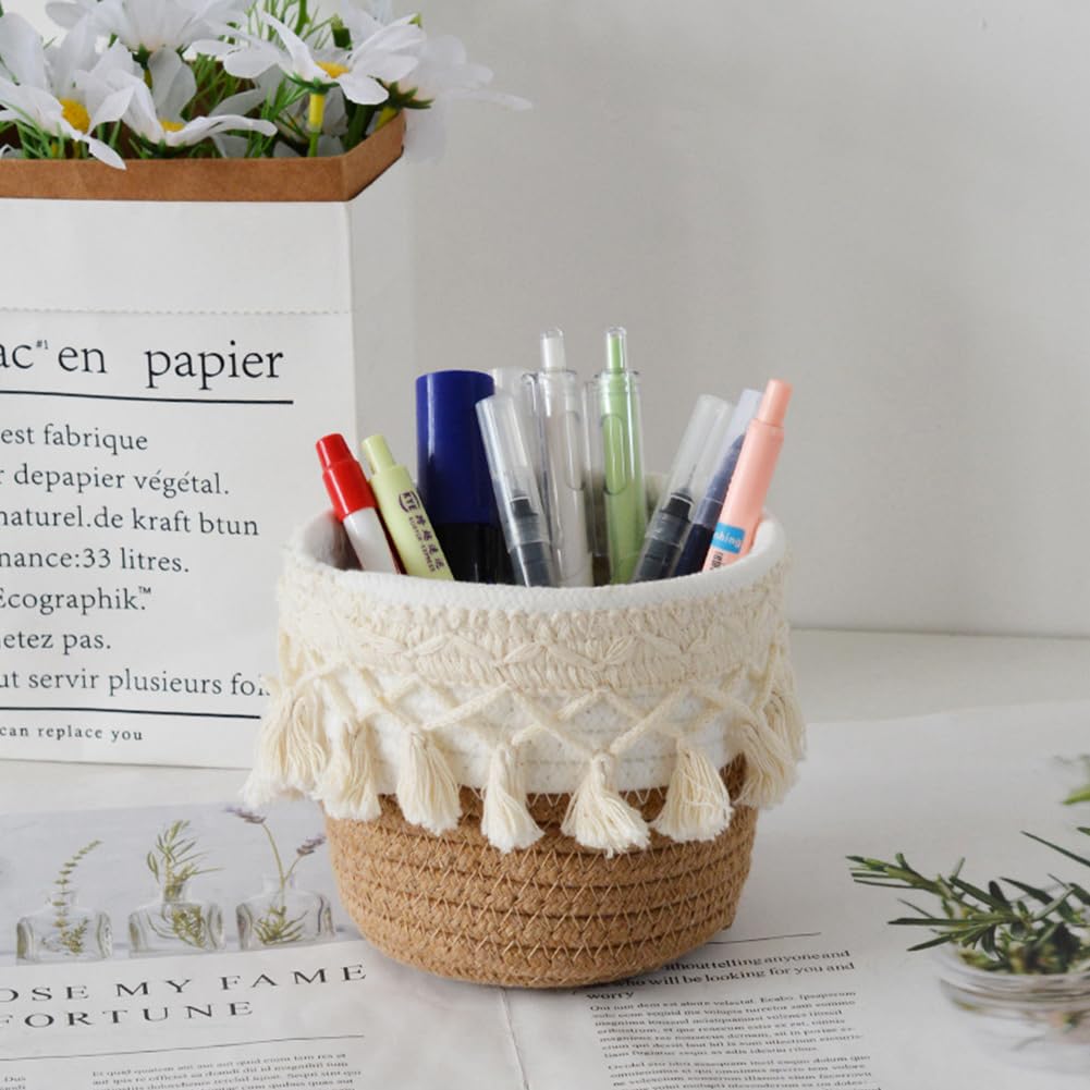 MAYJOYDIY Khaki Tassel Cotton Rope Woven Basket Round Boho Baskets with Cotton Rope Tassel 4.7×4.7×4.1inch Small Cleaning Cloth Eye Glass Storage Organizer for Bedroom Nursery Livingroom Entryway