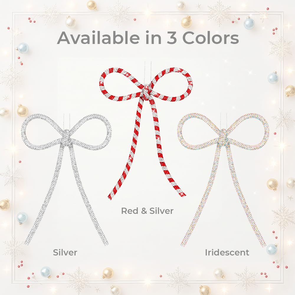 XMIAOX 3 Pcs Handmade Rhinestone Bow Christmas Ornaments, Sparkling Shapeable Bows for Holiday Tree, Wreath & Gift Wrapping, Reusable Holiday, Home, Party Décor (Iridescent, Small)