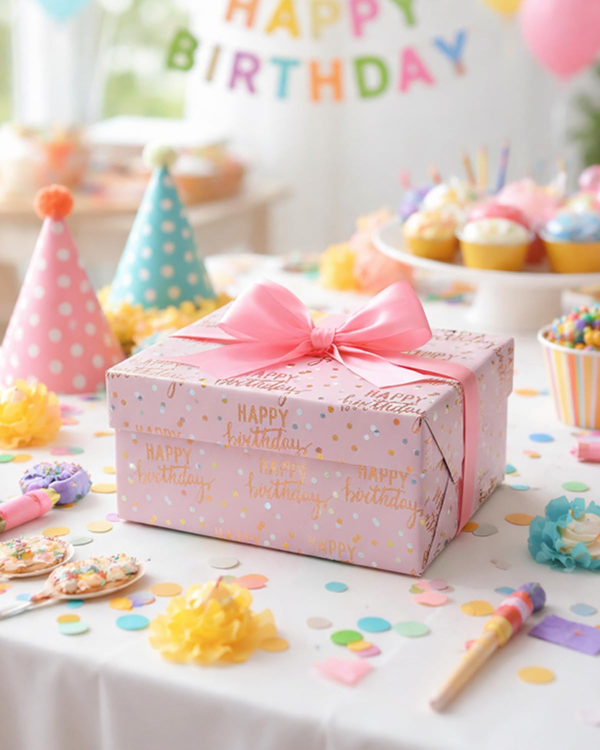 MAYPLUSS Birthday Wrapping Paper Roll, Pink Metallic Holographic Happy Birthday Wrapping Paper Featuring Revesible Stripe Gift Wrap Paper for Girls Boys Kids Men, 17 Inches x 33 Feet