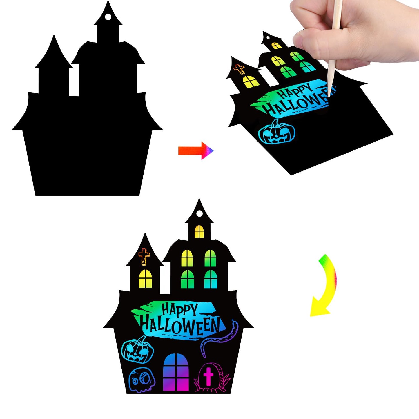 MGparty Scratch Paper Art for Kids - 96 Pcs Halloween Magic Rainbow Scratch Paper Off Cards Set for Kids Crafts Arts Supplies Halloween Party Games Ornaments Birthday Gift