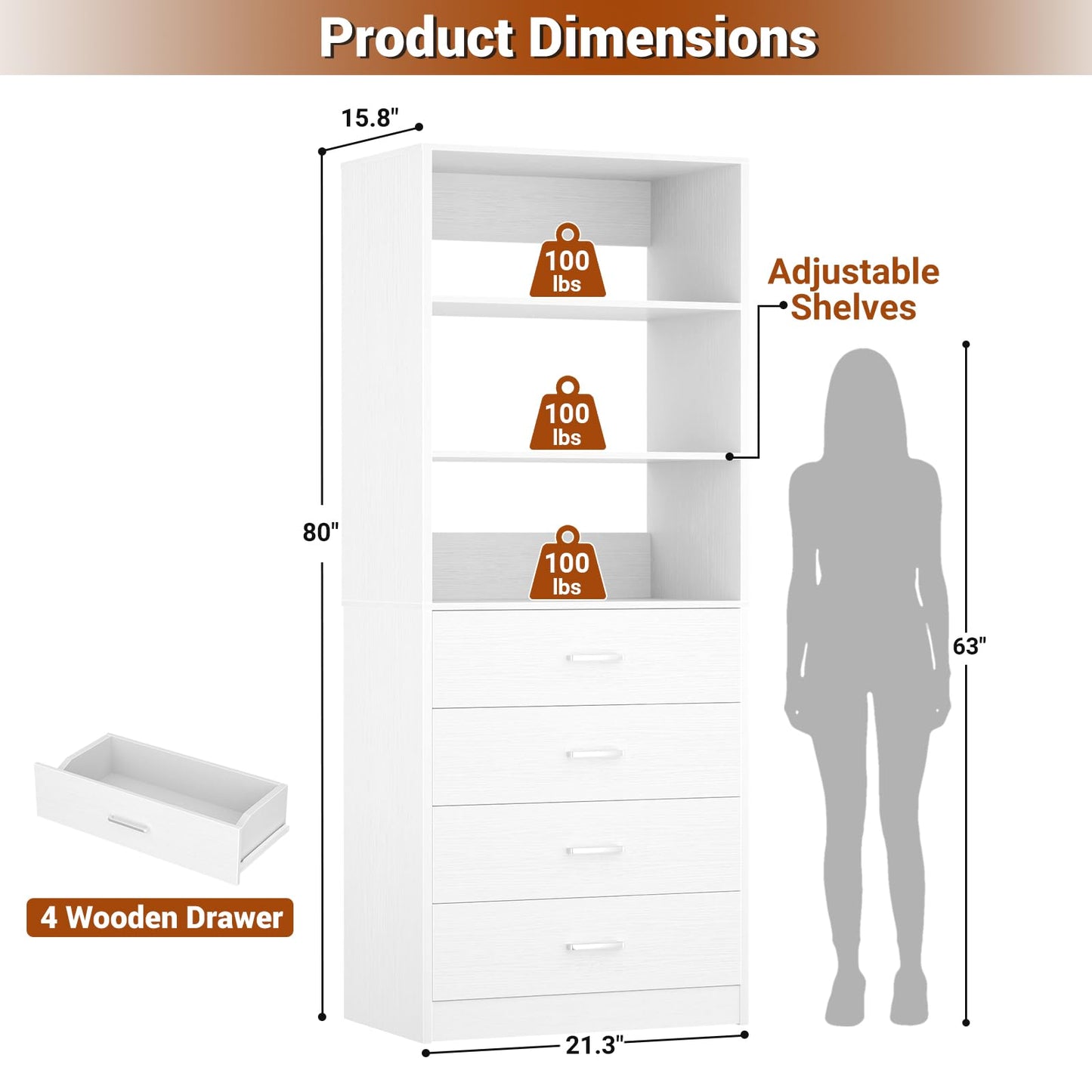 Aheaplus Closet Drawers Organizer System, 21.3" Wood Closet System with 4 Drawers, Modular Walk-in Closets Storage Unit, Tall Bookshelf Storage Cabinet, White22