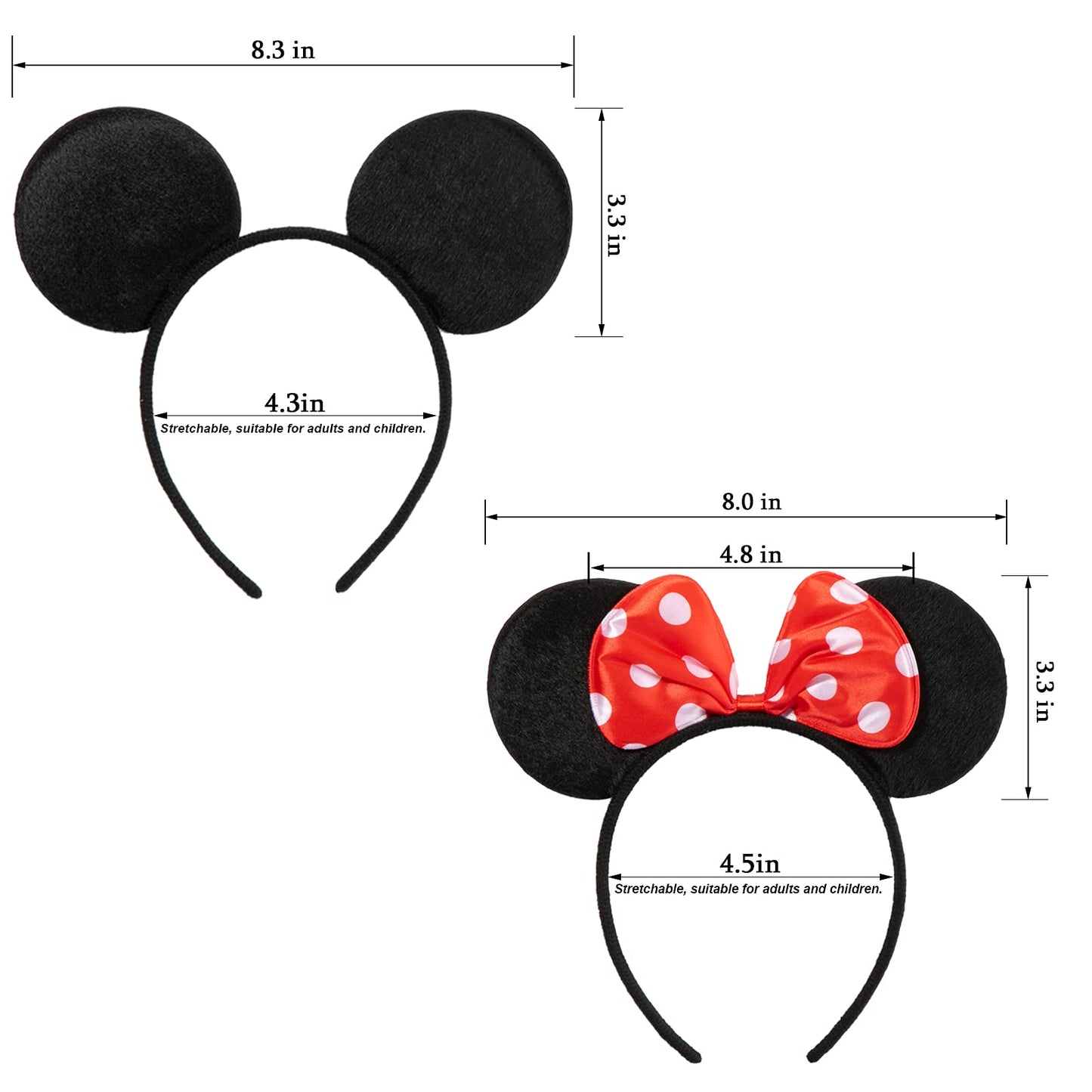 CHuangQi 20 pcs Mouse Ears Headbands, Solid Black Ears & Polka Dots Red Bow, Boys & Girls Birthday Party Supplies