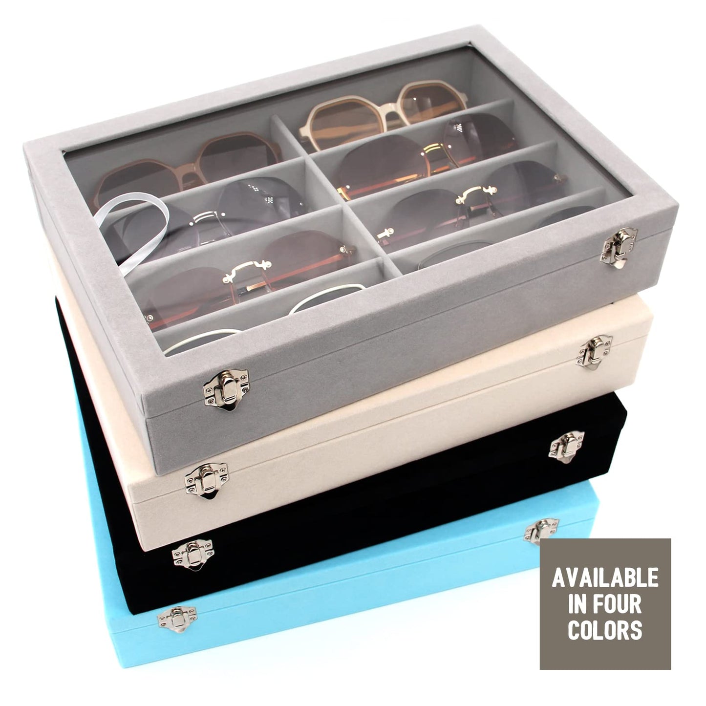 KLOUD City Luxury Sunglasses Organizer - 8 Slot Velvet Jewelry Storage Case with Clear Glass Lid | Dustproof, Scratch-Resistant Display for Glasses & Watches | Elegant Gift Box (14"x9.5")
