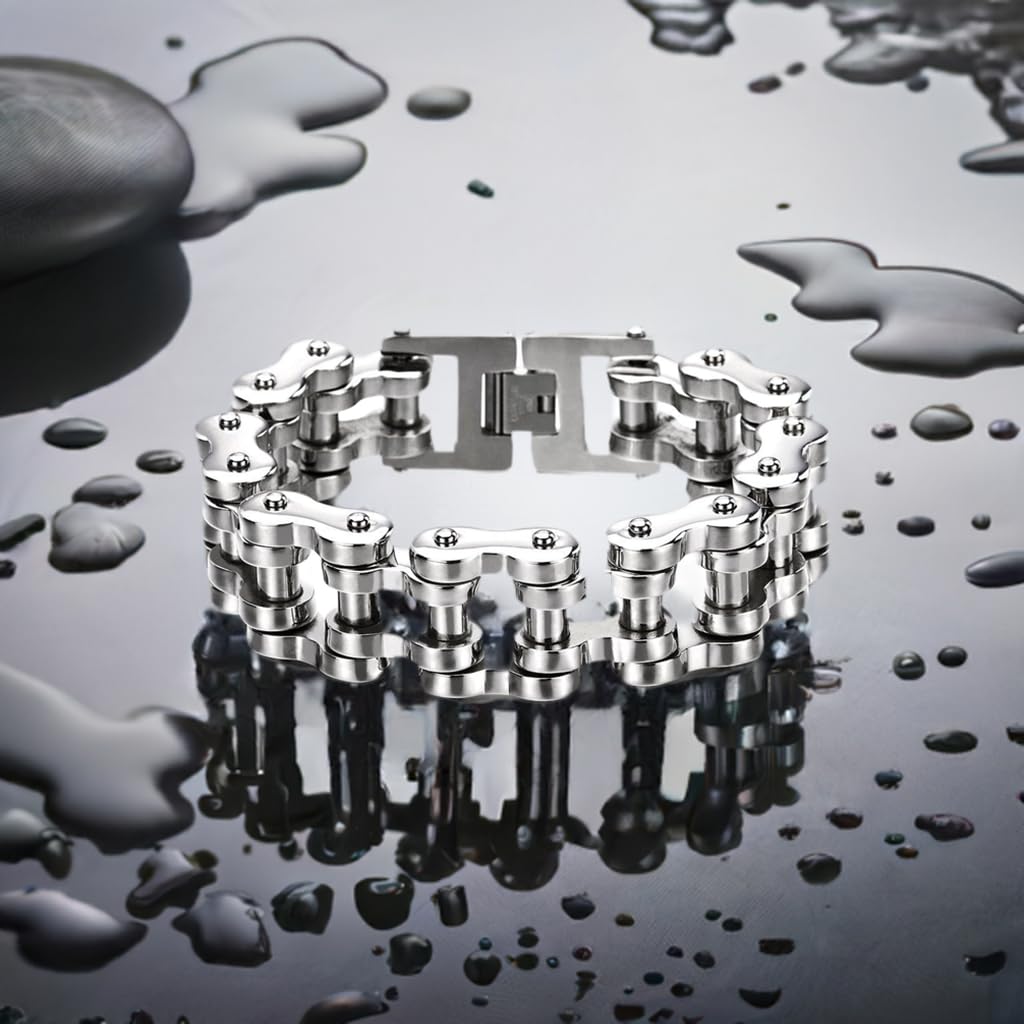 COOLSTEELANDBEYOND Heavy Sturdy Mens Motorcycle Chain Bike Chain Bracelet of Stainless Steel Silver Color Polished