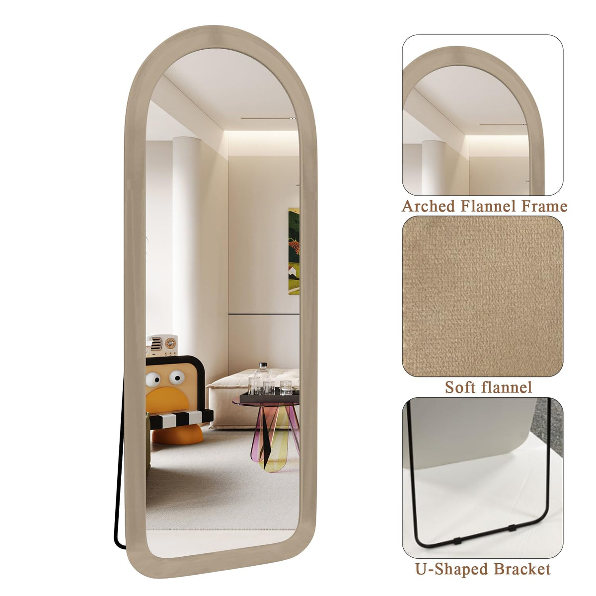 NEUWEABY Full Length Mirror 56"x20" Arch Floor Mirror with Stand Arched Full Body Mirror Standing Hanging or Leaning Against Wall for Bedroom Flannel Wrapped Wooden Frame Milk Tea