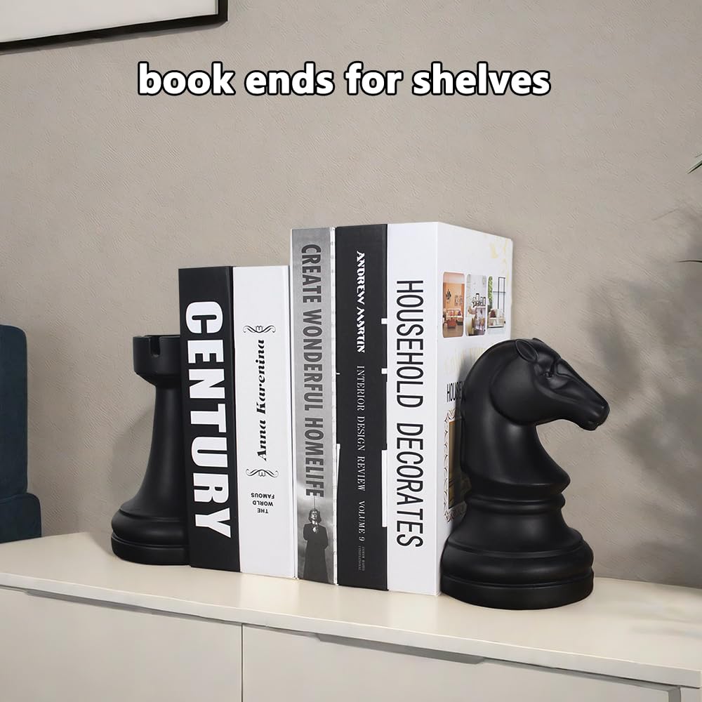 Decorative Bookends Chess Bookends, Black Book Ends Heavy Book Supports, Unique Bookends Decor for Office Home Desk Bookrack, 7"(L) x4(W) x7(H), 1Pair/2Piece