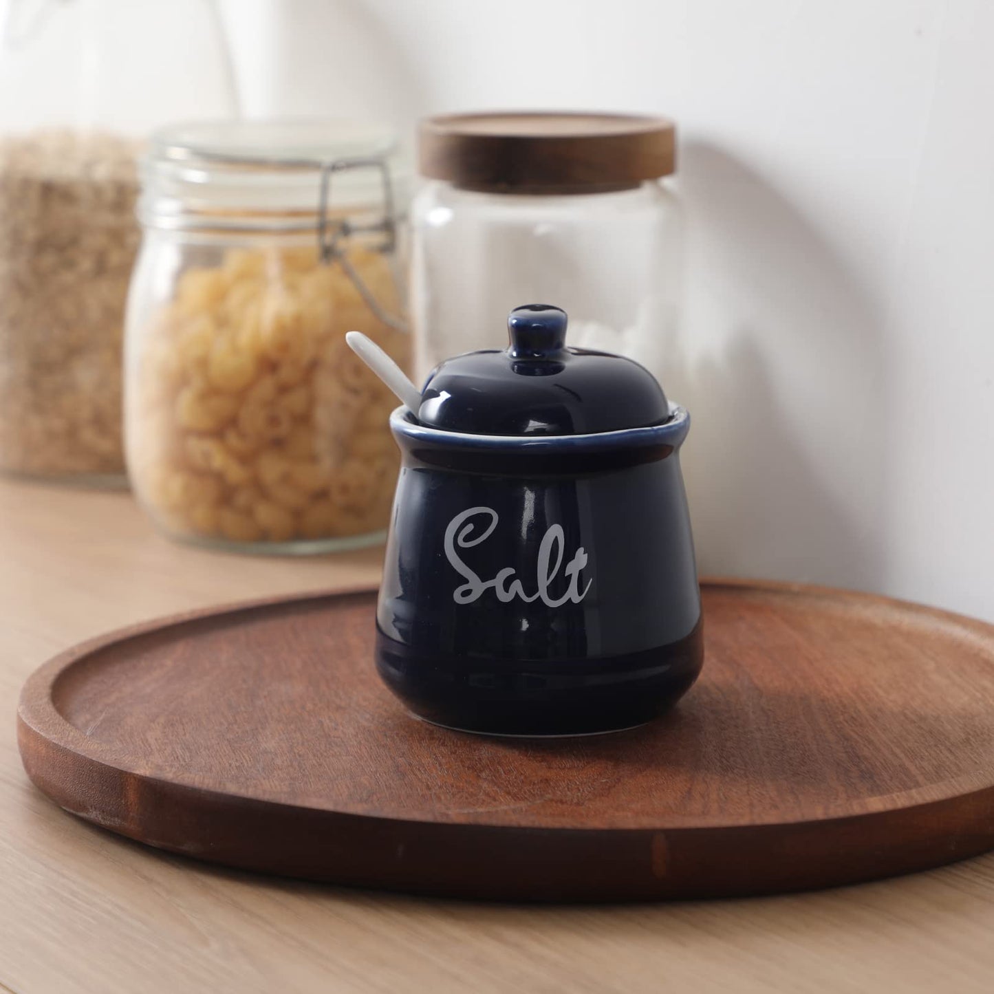 HAOTOP Farmhouse Porcelain Salt Bowl with Lid and Spoon 12oz,Easy to Clean (Navy)