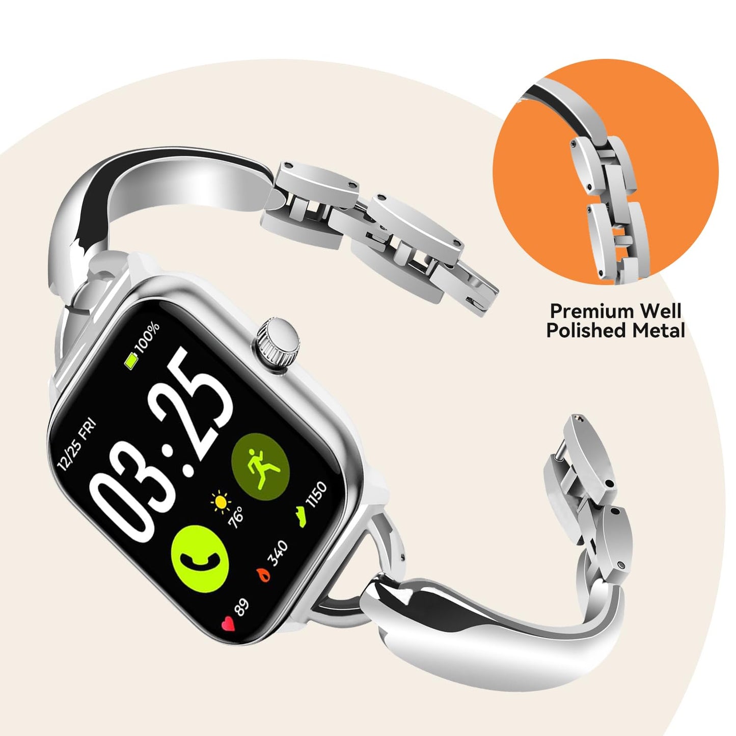 LYSANDRA Compatible for Spade & Co Health Smartwatch 4 Bands, stainless steel Shiny Fancy Wristband, Stylish Replacement Slim Strap Compatible for Spade & Co Health Smartwatch 4 (Silvery)