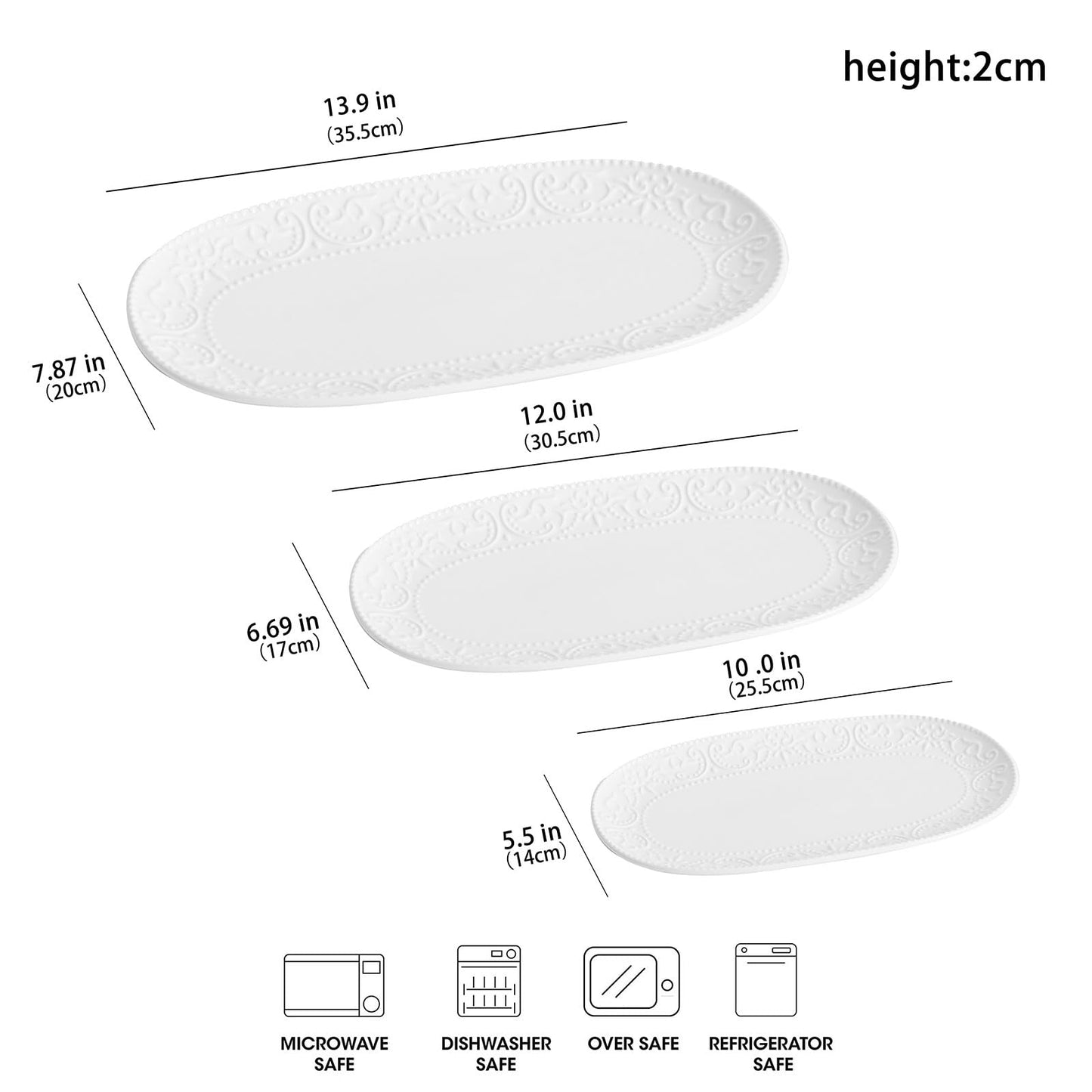 MVYAVYUS Oval Embossed Serving Platter Set, Stackable Serving Tray, Ceramics White Serving Platters for Entertaining, Serving Dishes for Wedding, Dishwasher & Oven Safe, Gift for Housewarming (3PCS)