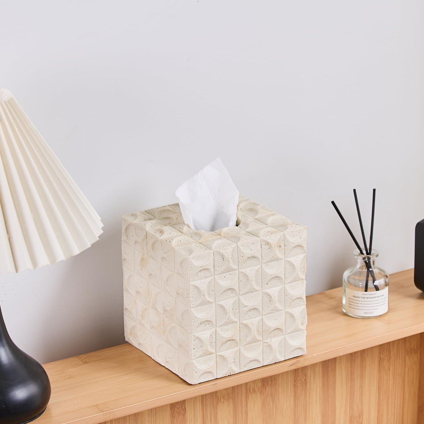 Natural Travertine Textures Tissue Box Cover Square for Home Decor, Relief Sculptured Geometric Cube Resin Heavy Tissue Box Holder for Bathroom Countertop, Tabletop, Night Stand, Office Desk (Beige)