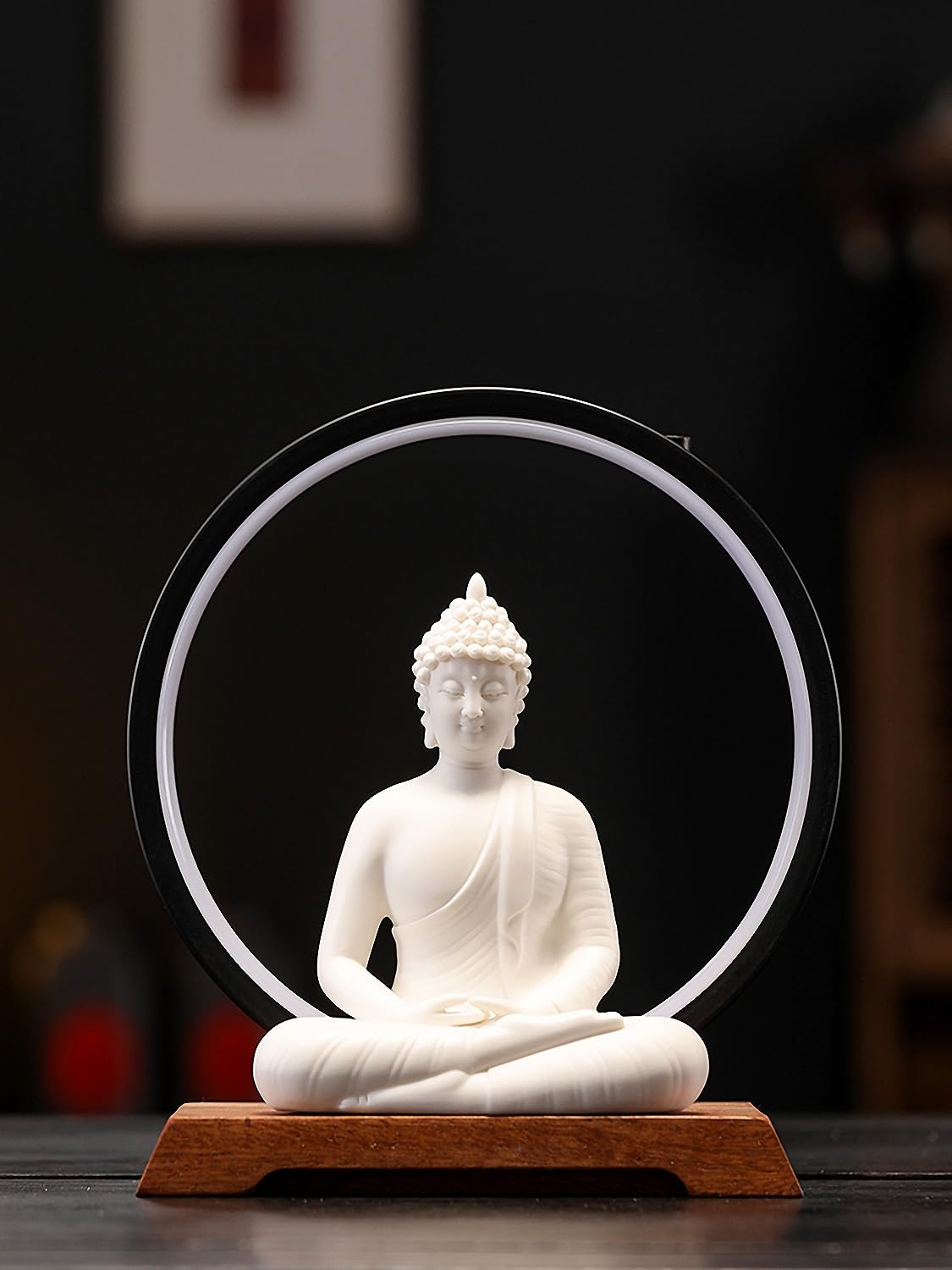 Dyware 8.8 Inch LED Buddha Statue for Indoor, White Ceramic Small Buddha Statue with LED Light for Home Decor
