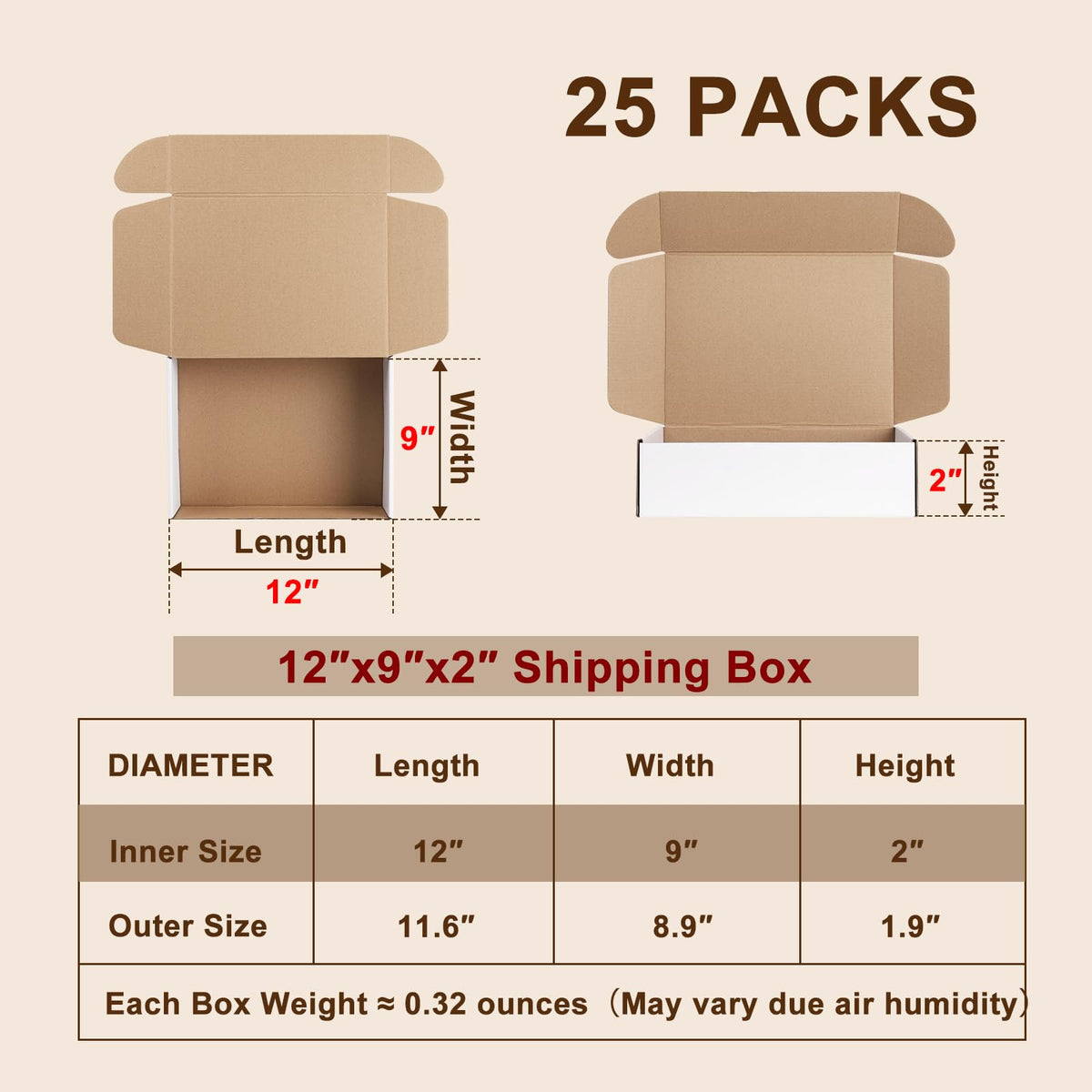 Hguba 12x9x2 Inches Shipping Boxes Set of 25, White Corrugated Cardboard Box, Mailer Boxes for Small Business
