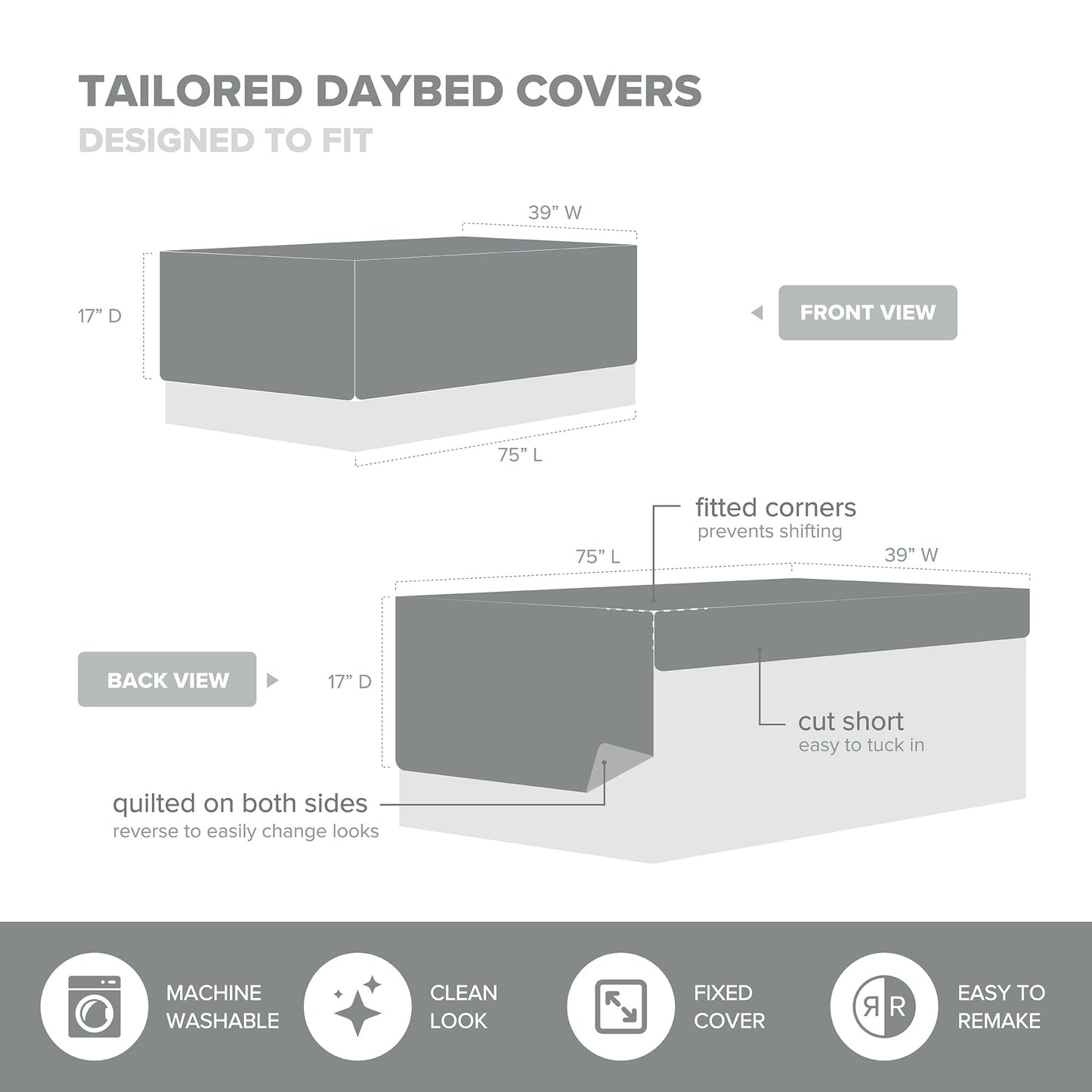Comfort Spaces Daybed Cover - Luxe Double Sided-Quilting, All Season Cozy Bedding with Bedskirt, Matching Shams, Kienna Blush 75"x39" 5 Piece