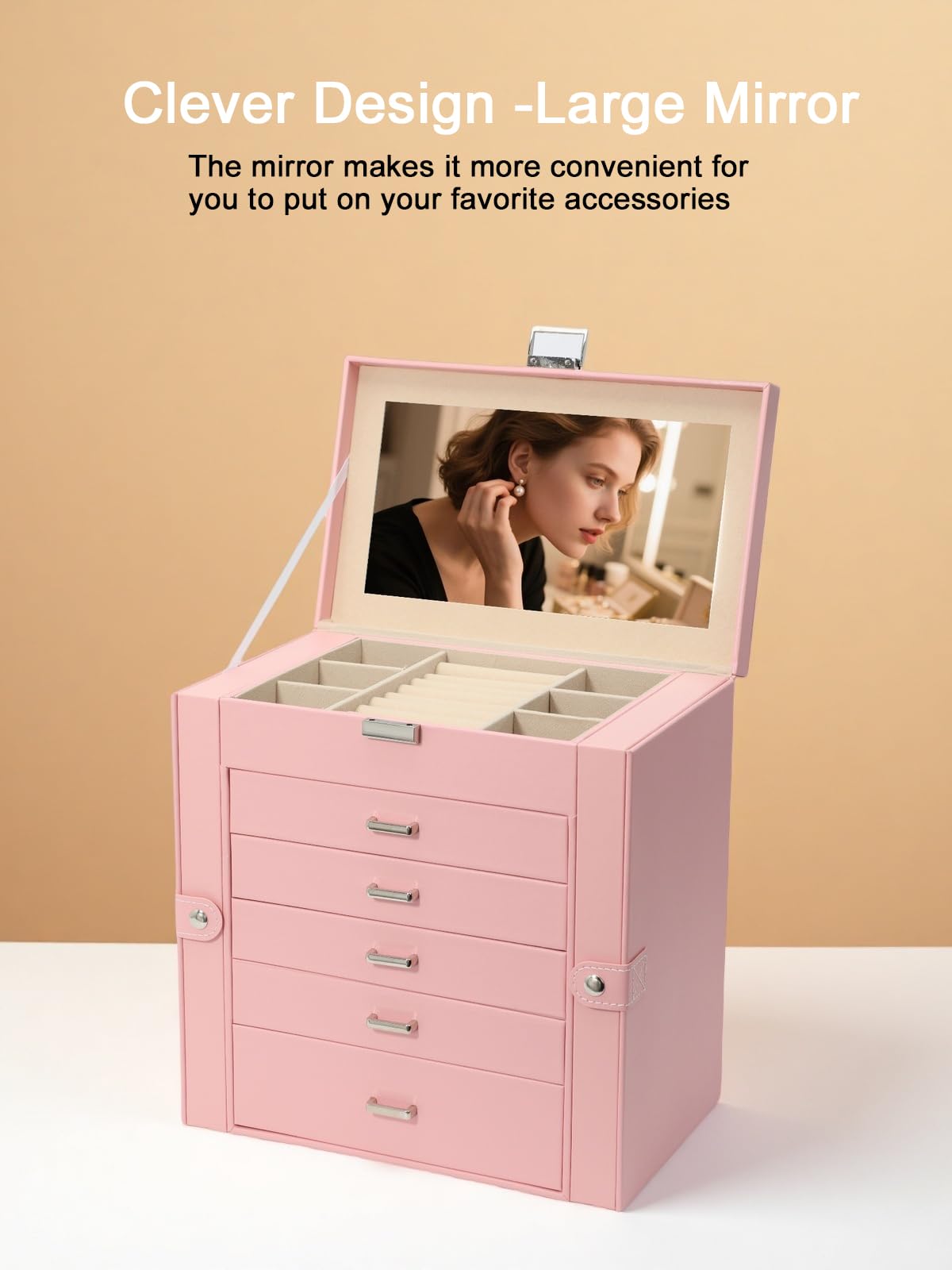 BOOVO Jewelry Box For women, 6 Layer Large Jewelry Organizer With Mirror, Multi-Function Storage Box With Lock, Necklace Holder With 5 Drawers, For Earrings Necklace Bracelet (Silver and Pink)