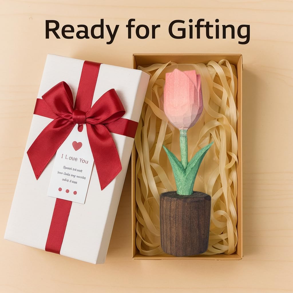 Handcrafted Wooden Tulip Figurine – Elegant Basswood Carved Sculpture, Unique Gift with Premium Gift Box, Ideal for Mother’s Day, Anniversary, Birthday, Home Office Décor (Pink)