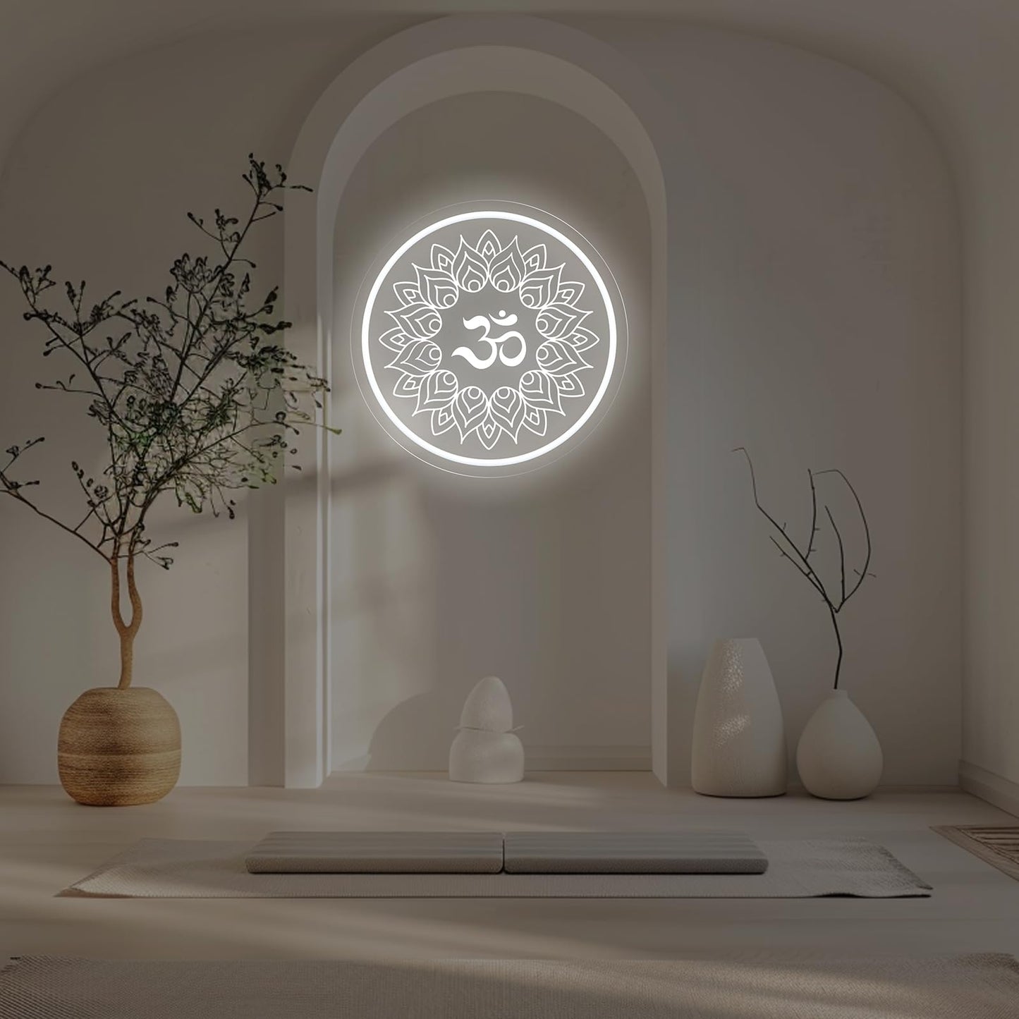 Om Mandala Neon Sign, 11.8″ × 11.8″ White Om Buddha Led Wall Light, Yoga Decor, Meditation Room Sign, Buddha Symbol Gift, Yoga Studio, Pilates Studio Wall Art